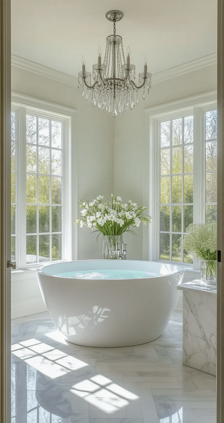 Luxe master bathroom featuring a freestanding soaking tub under a chandelier, adorned with fresh white freesias and sweet alyssum in mercury glass on a marble console, complemented by floor-to-ceiling windows, herringbone marble tile, and polished nickel fixtures, all bathed in afternoon light creating prism effects, with a sophisticated color palette of bright white, silver, and soft purple, reflected in an oversized mirror.