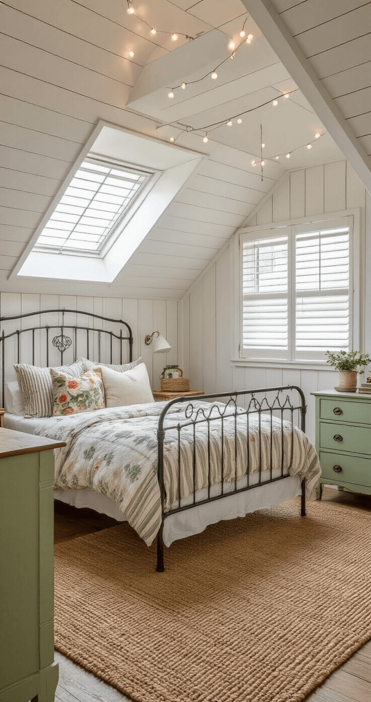 A cozy attic bedroom featuring a wrought iron bed with floral and striped pillows, whitewashed wooden walls, a sage green vintage dresser, and a woven jute rug, illuminated by soft afternoon light and whimsical string lights.