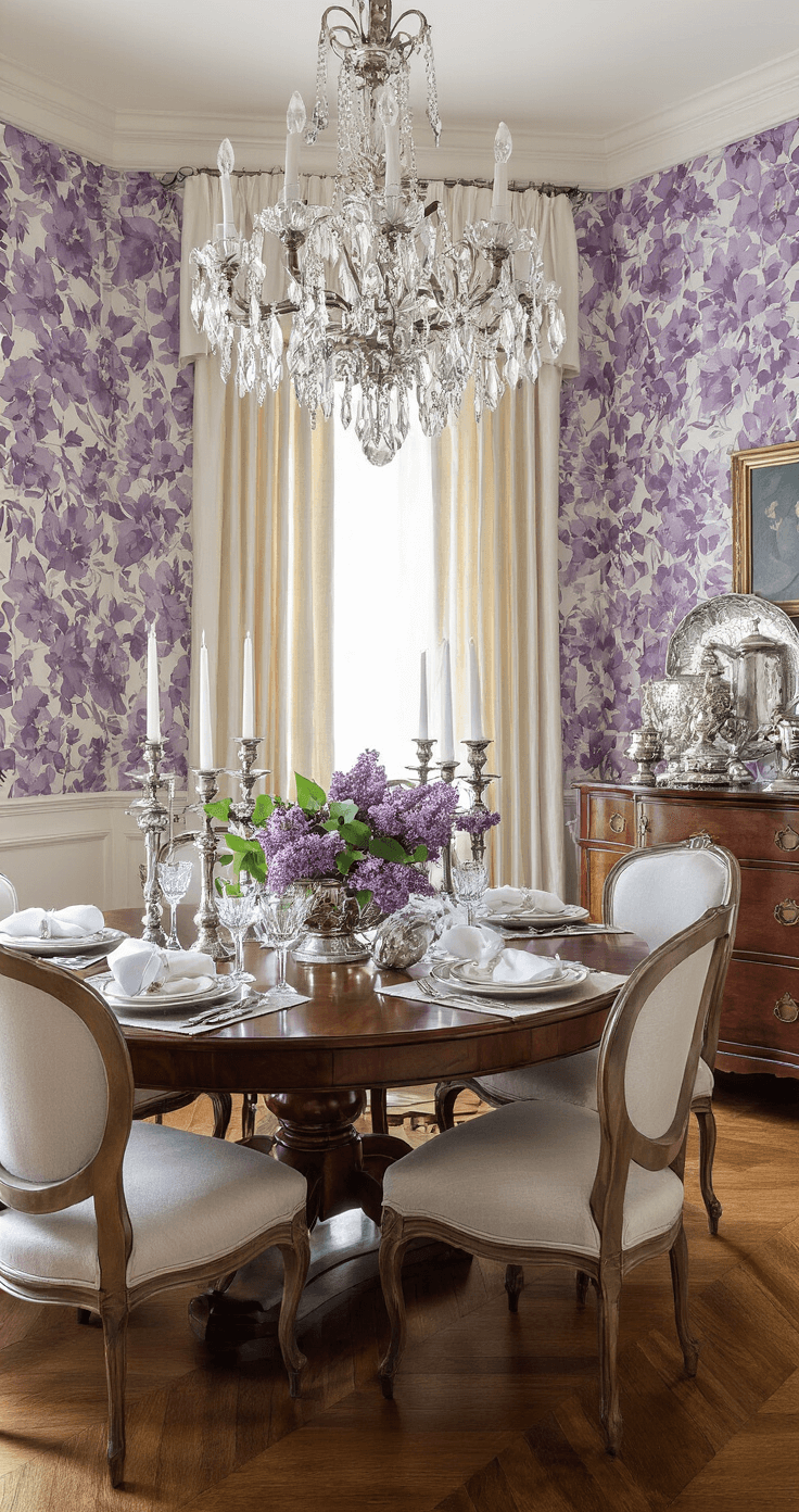 A formal dining room with oversized lilac wallpaper, a crystal chandelier above a mahogany table set with white linens and silver candelabras holding fresh lilac branches, ivory silk drapes, herringbone floors, and an antique silver collection on the buffet, all illuminated by ambient candlelight in a setting of deep purples, silver, and cream.