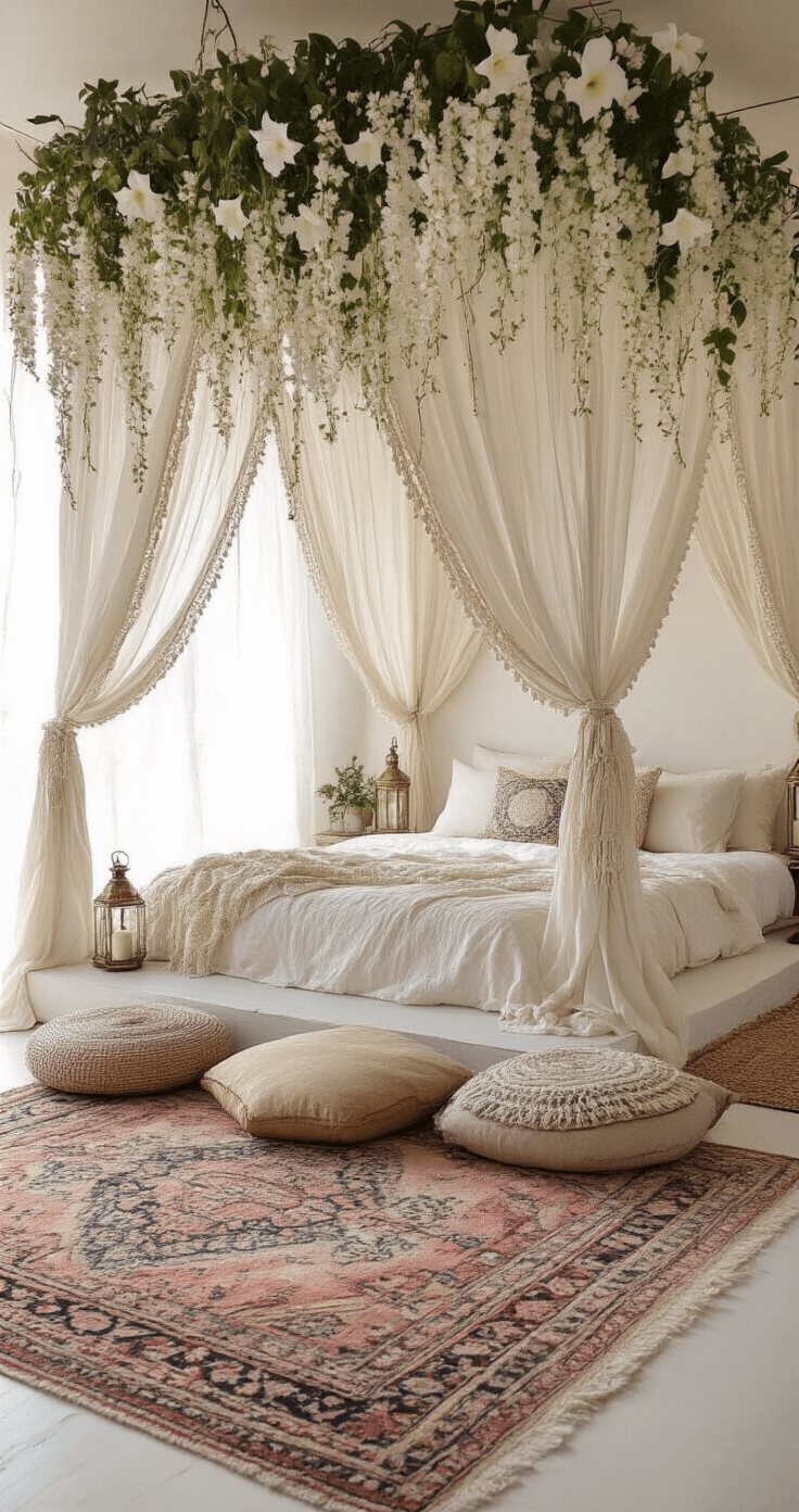 A dreamy Bohemian bedroom featuring a low platform bed beneath a macramé canopy draped with moonflowers and night-blooming jasmine, surrounded by a vintage Moroccan rug, floor cushions, and brass lanterns, with gauzy curtains filtering moonlight across whitewashed walls.