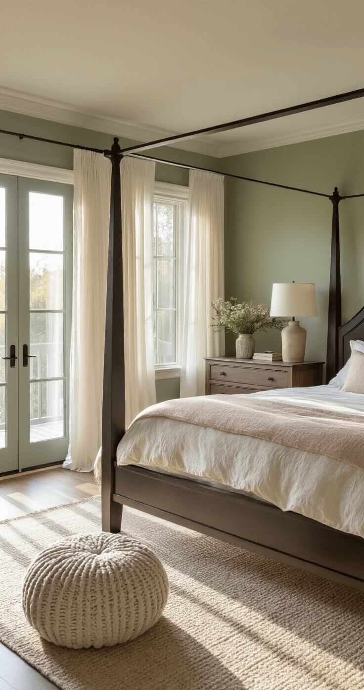A spacious master bedroom featuring French doors to a balcony, modern canopy bed with cream and blush linens, sage green accent walls, flowing white curtains, a sleek dresser, antique bedside tables, and a chunky knit pouf, all bathed in soft, warm evening light.