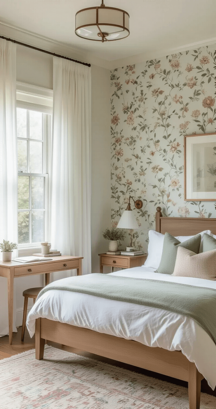 A cozy guest bedroom featuring a floral wallpaper accent wall, a simple wooden bed with crisp white bedding and muted wool pillows, modern nightstands with vintage-style lamps, a small writing desk, sheer curtains, and a contemporary chandelier, all bathed in bright, late morning light.