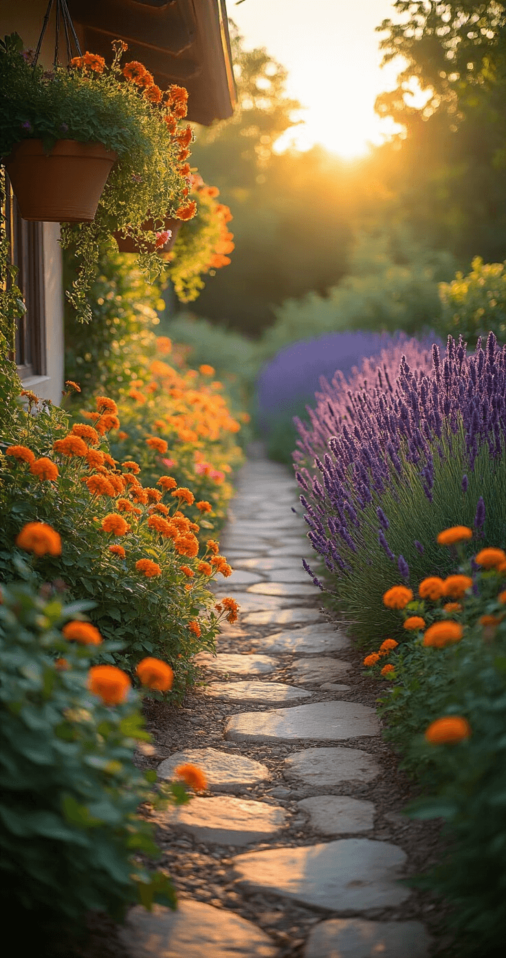 A wide-angle shot of a sun-drenched cottage garden at golden hour, featuring a 20x30ft garden bed with layers of drought-tolerant flowers, including cascading lantana and tall purple lavender. Warm evening light filters through the plants, casting long shadows, with a color palette of coral, purple, and butter yellow blooms against silvery-green foliage. Natural stone pathways wind through the garden, creating a soft, dreamy atmosphere with a bokeh effect in the background.