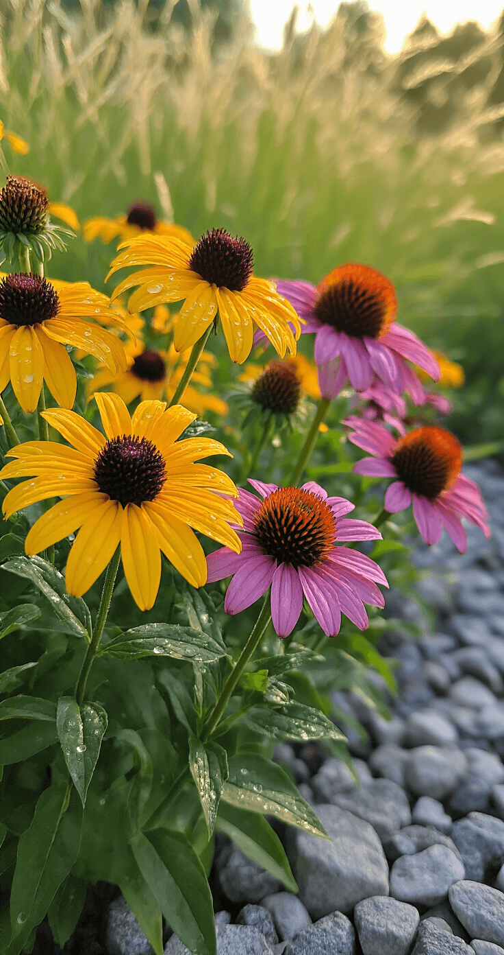Close-up garden scene featuring vibrant Black-eyed Susans and magenta-pink Coneflowers in peak bloom, glistening with dew in natural light. Rich golden yellows contrast with pinks, surrounded by fuzzy seed heads, rough stone mulch, and native grasses. Captured from below eye level with sharp focus on flowers and a softly blurred background.