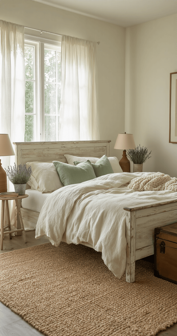 Cozy 12x14 ft bedroom featuring a wooden queen-size bed with a creamy linen duvet, vintage side tables with warm lamps, jute rug, weathered trunk, and soft sage green accents, illuminated by morning light through sheer curtains.