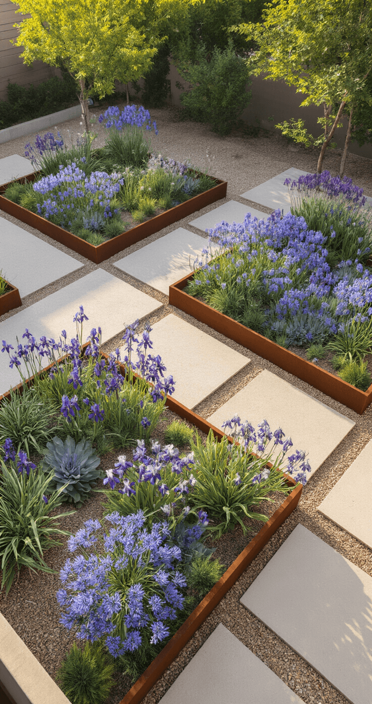 Aerial view of a modern xeriscape garden with geometric planting beds outlined in cor-ten steel edging, featuring drought-tolerant plants like blue Agapanthus, silver Bearded Iris, and purple Butterfly Bush, arranged in patterns. Desert-toned gravel pathways weave between the beds, all captured in cool morning light from 12 feet above, highlighting the architectural layout and structure of the plants.