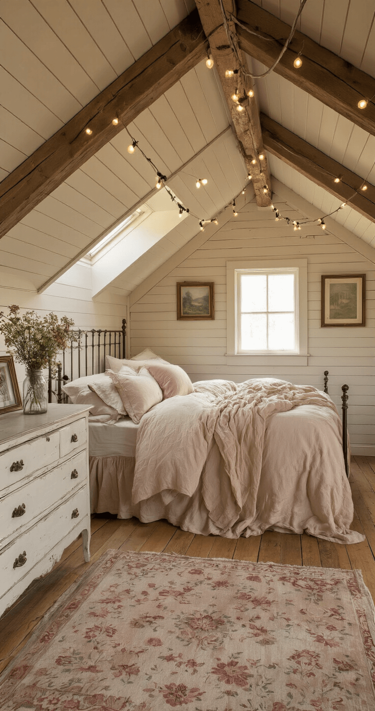 A cozy cottage bedroom with slanted ceilings, featuring a wrought iron canopy bed draped in beige and blush linens, a distressed white dresser with vintage frames and wildflowers, and warm light streaming through a small window, casting shadows on a hardwood floor and a faded floral rug. String lights add a whimsical glow.