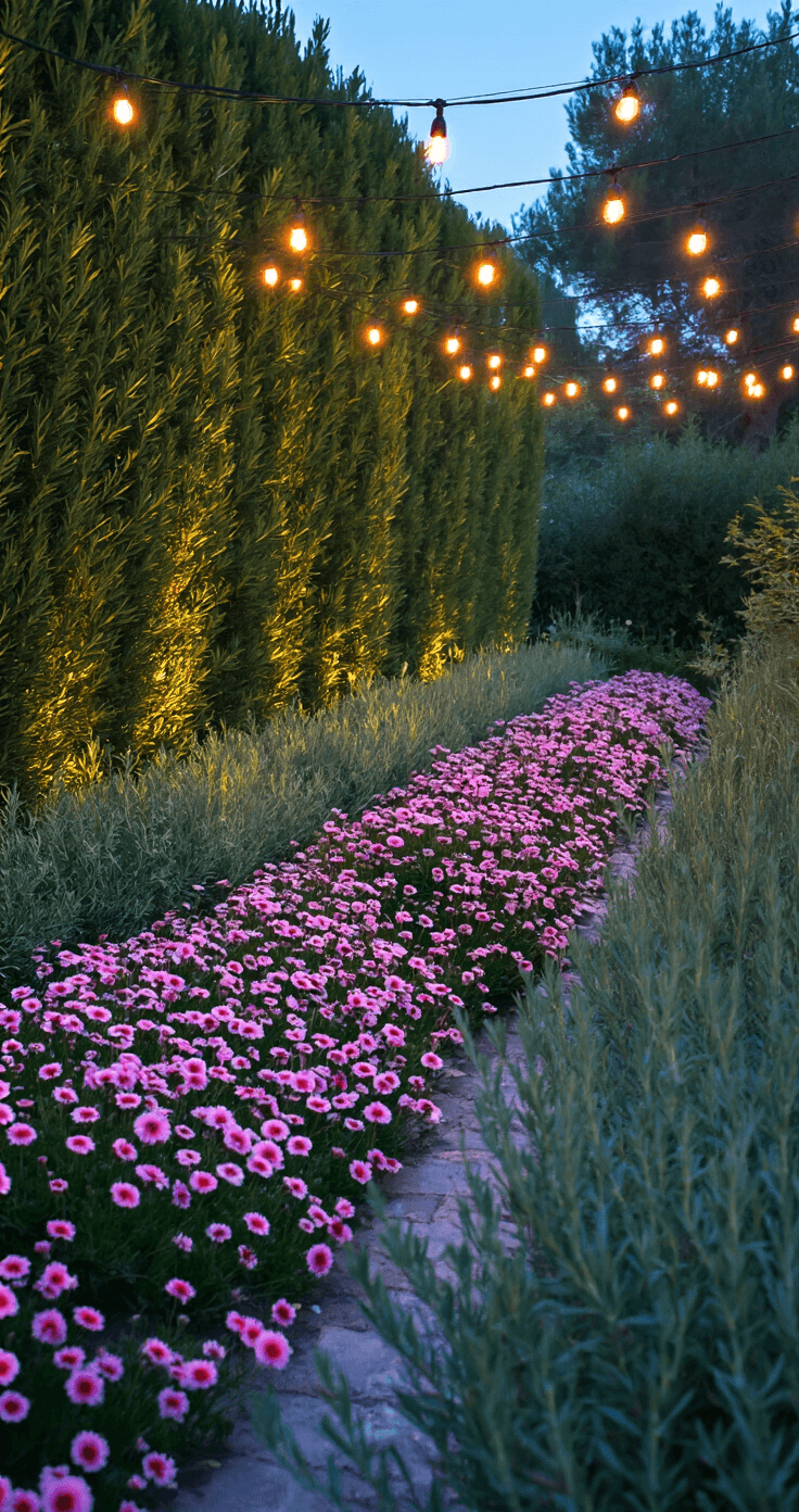 Twilight garden scene with Mediterranean-style drought-tolerant bed, rosemary hedges illuminated by subtle lights, and a pink dianthus carpet in the foreground, under string lights creating a magical ambiance, captured from a corner angle.