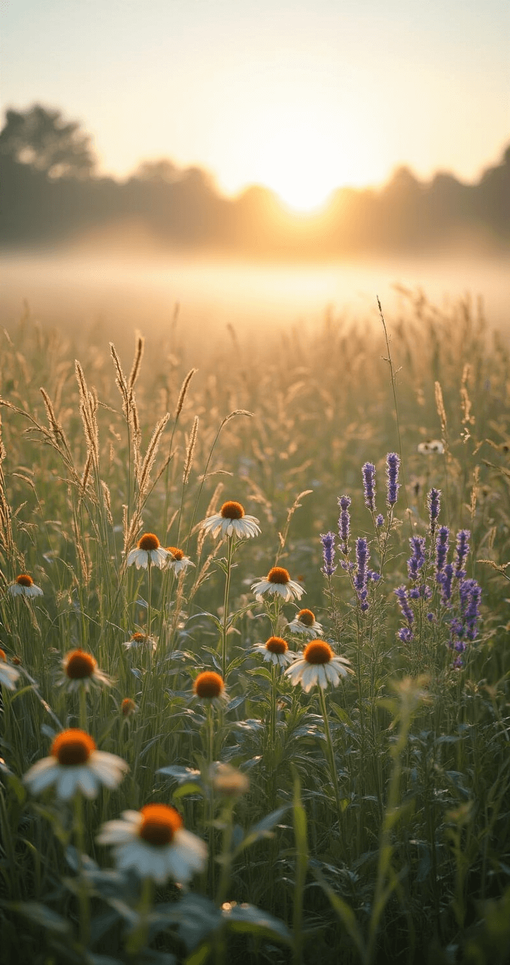 Morning sun shines on a prairie-style garden featuring drought-tolerant native plants, with tall grasses, round Echinacea flower heads, and spiky Salvias. Dewdrops sparkle in the light as soft fog lifts in the background, creating an ethereal and immersive atmosphere from a ground-level perspective.