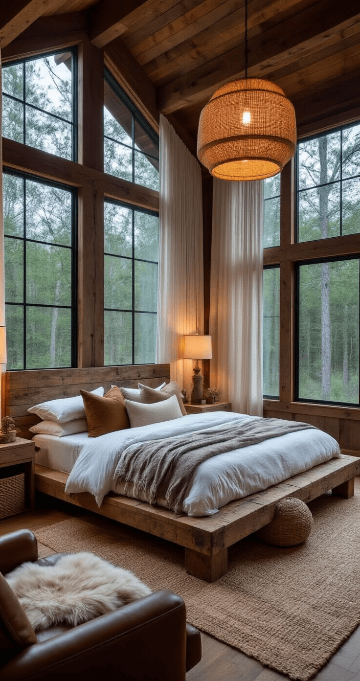 A modern rustic bedroom at twilight featuring a reclaimed barn wood platform bed with white linens and earth-toned pillows, floor-to-ceiling windows with sheer curtains showcasing a forest view, a jute pendant light, a leather armchair and ottoman in a reading nook, and natural textures like woven baskets and a sheepskin rug.