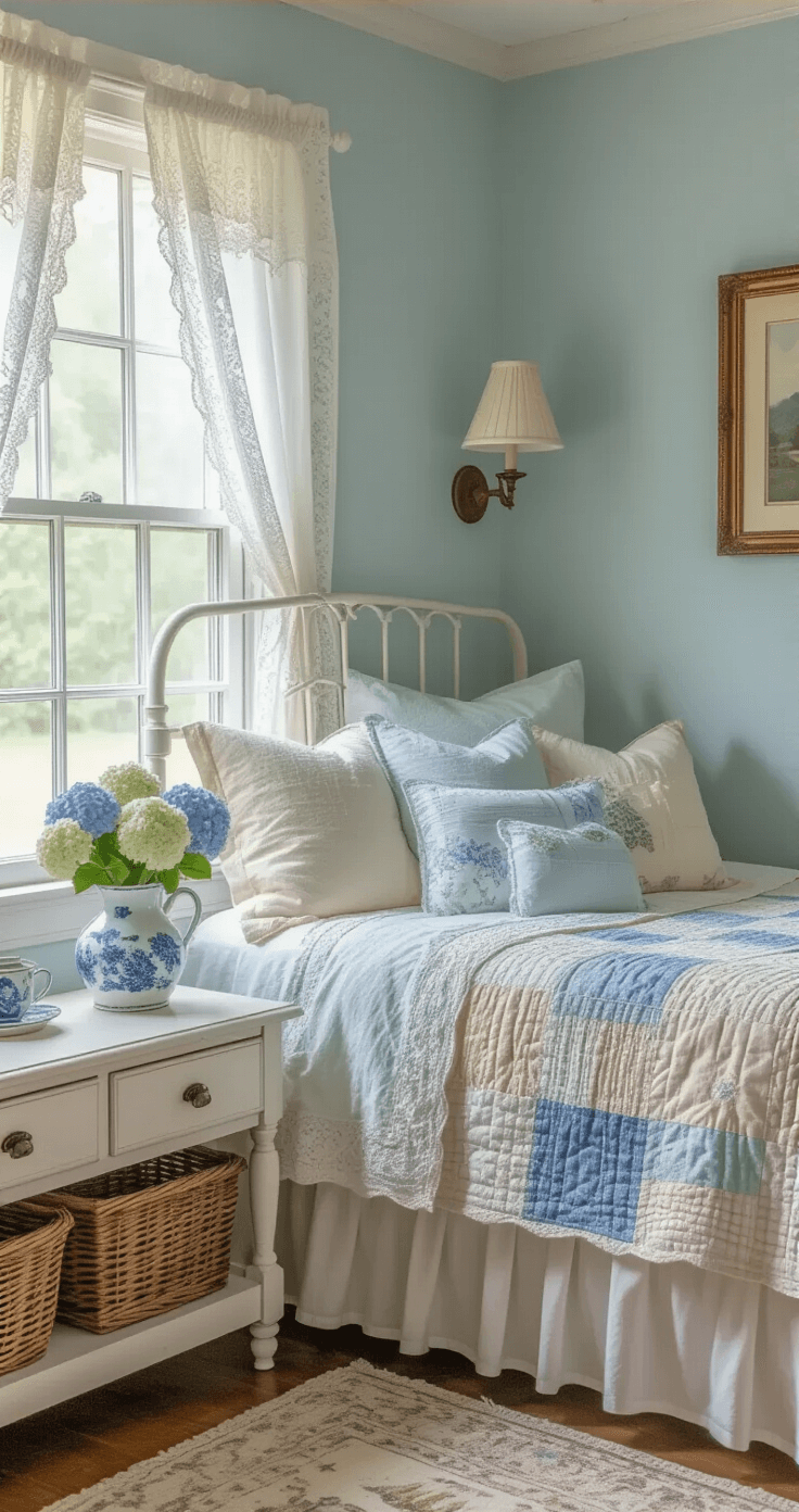 A cozy country cottage bedroom featuring a white iron bed with cream and dusty blue pillows, a patchwork quilt, an antique pine dresser with blue and white china, wicker baskets under a window seat, and fresh hydrangeas in a porcelain pitcher, all illuminated by soft lamplight filtering through lace curtains on a rainy afternoon.