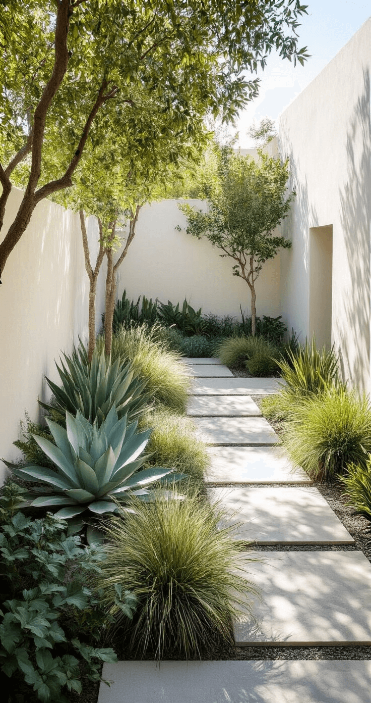 Aerial view of a contemporary courtyard garden featuring drought-tolerant plants, geometric shadow patterns, modern concrete pavers, and a minimal color palette of blues, silvers, and greens, enclosed by white stucco walls.