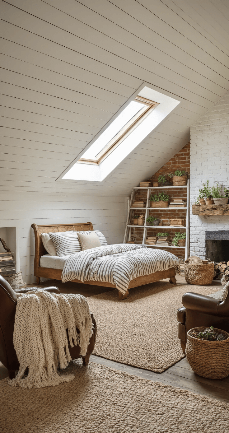 Cozy rustic-chic attic bedroom with sloping warm white walls, featuring a wooden sleigh bed dressed in earthy linens, a skylight illuminating exposed brick, a ladder bookshelf with vintage books and succulents, a leather armchair by a small fireplace, and textured decor elements.