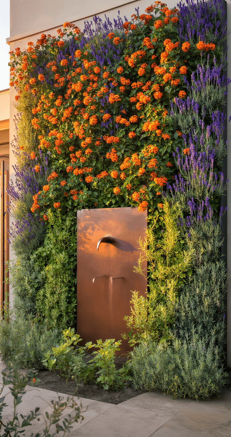 Sunset portrait of a drought-tolerant vertical garden wall featuring Lantana, Lavender, and Rosemary, with warm golden light highlighting rich textures and colors. A copper wall fountain serves as the focal point.