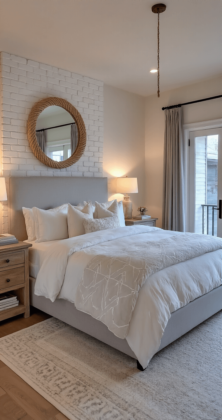 A cozy modern farmhouse bedroom at dusk featuring a king-size bed with a tall gray linen headboard, layered white and cream bedding, weathered oak nightstands with glass lamps, a round mirror above a brick fireplace, sliding barn doors, gray curtains, and candlelight flickering for a romantic ambiance.
