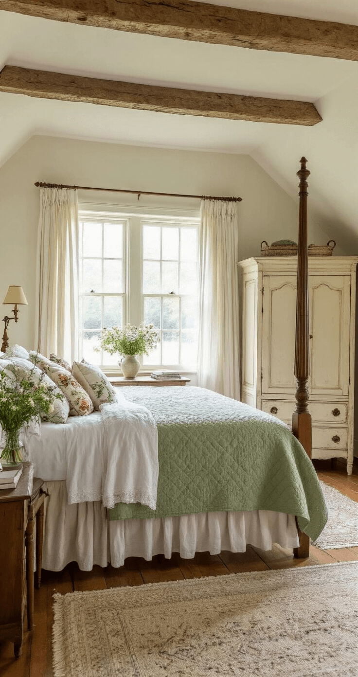 A cozy English cottage bedroom with exposed wooden beams, featuring a weathered four-poster bed covered in a sage green quilt and floral pillows, antique nightstands with brass lamps, a distressed cream armoire with wildflowers, and soft morning light filtering through gauzy white curtains.