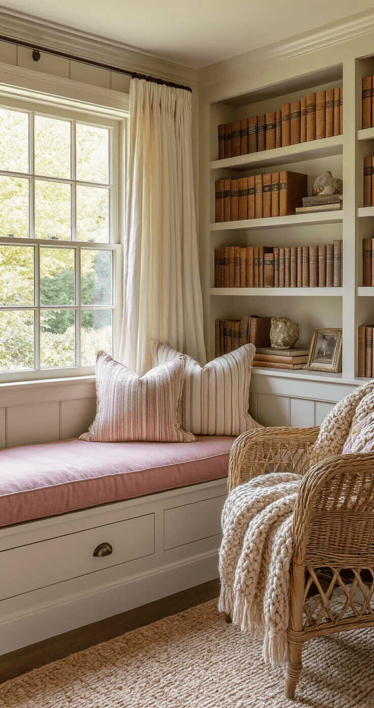 A cozy reading nook in a cottage bedroom features a cushioned window seat with dusty rose linen and striped, floral pillows, a vintage wicker chair with an ochre blanket, and built-in bookshelves filled with classic books and mementos, all bathed in warm, golden hour light.