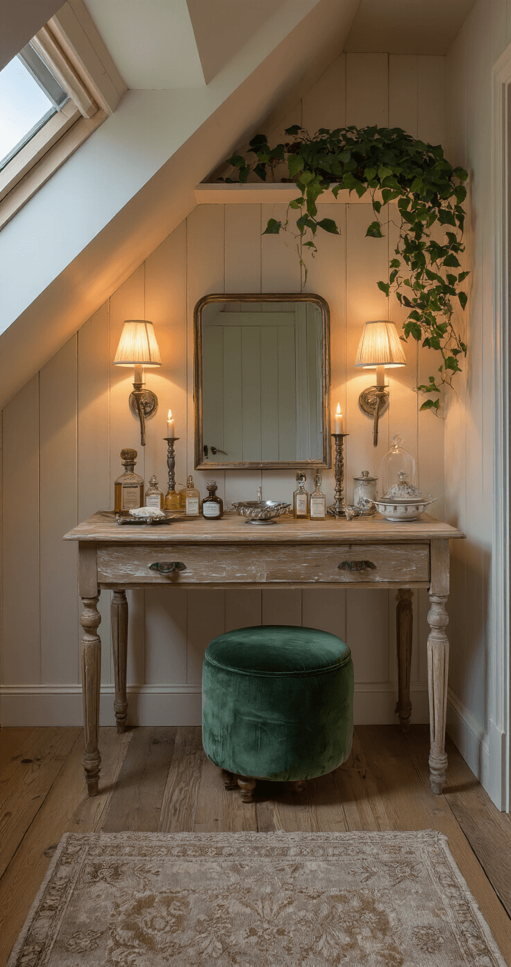 A cozy rustic cottage bedroom vanity area at dusk features a weathered pine dressing table with a warm candlelit mirror, vintage perfume bottles, a tarnished silver hairbrush set, and a delicate porcelain jewelry dish, accompanied by an antique forest green stool and cascading ivy, illuminated by soft wall-mounted sconces.