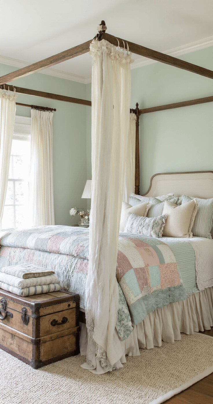 A close-up of a luxurious cottage-style king-size four-poster bed, layered with creamy linens, a pastel patchwork quilt, and dusty blue velvet comforter, surrounded by an assortment of textured pillows. Early morning light filters through lace curtains, highlighting the cozy, layered textiles and the weathered trunk at the foot of the bed.