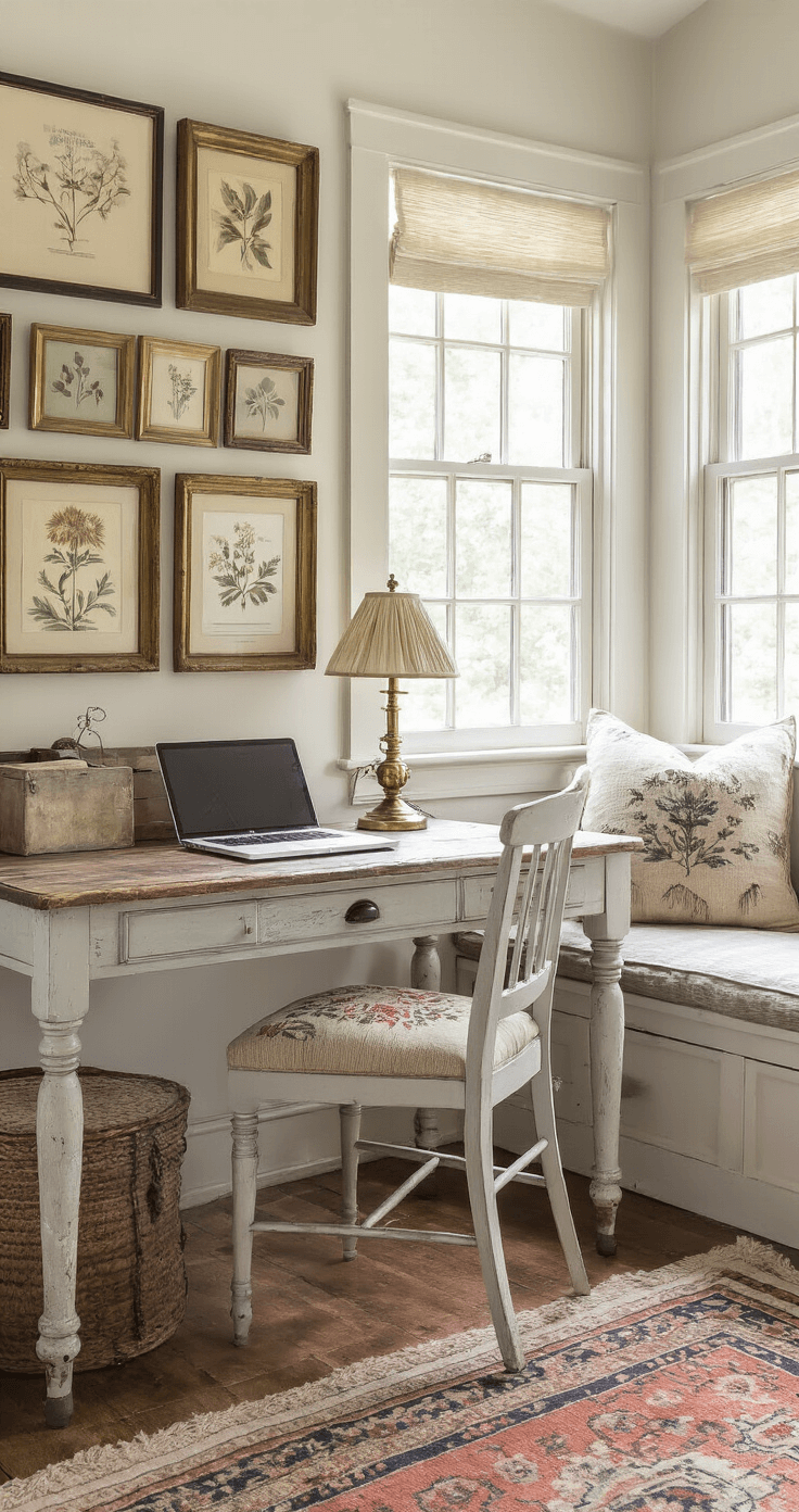 A cozy cottage bedroom workspace featuring a repurposed farmhouse table desk, an ornate brass lamp, a painted wooden chair with a needlepoint cushion, and mismatched botanical prints on open shelving, all illuminated by natural light from two windows and highlighting a mix of vintage and modern elements.