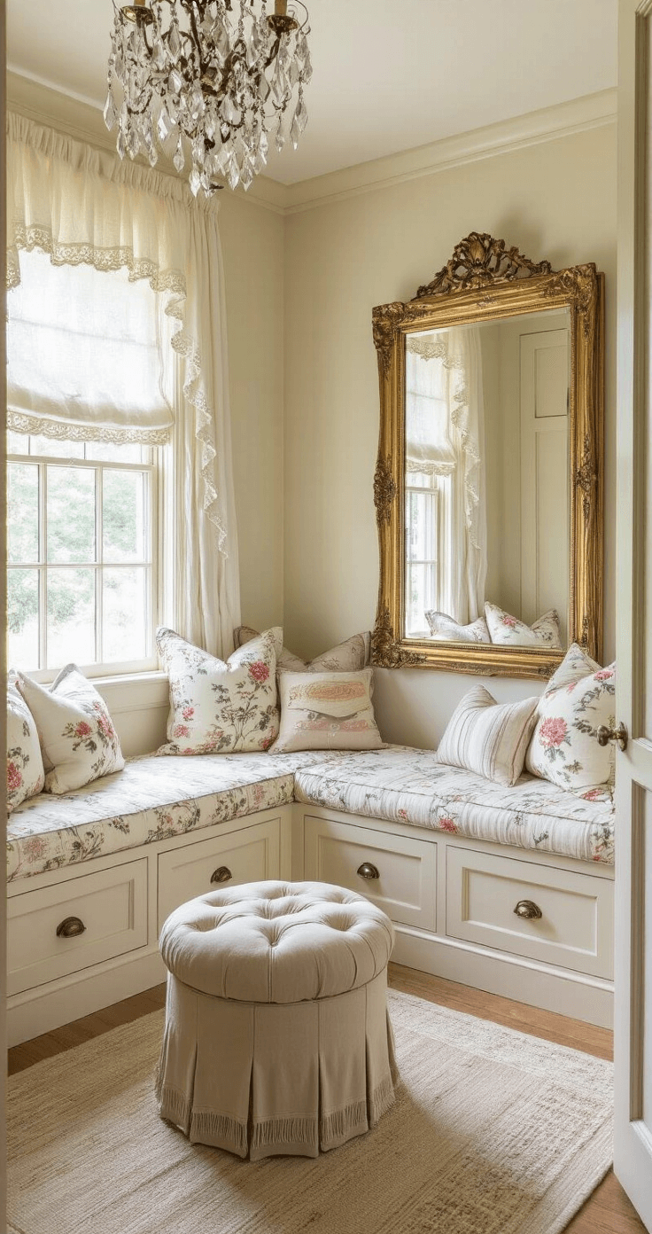 Cozy cottage bedroom nook transformed into a dressing area, featuring a built-in window seat with storage, distressed cream wardrobes, a gilt-framed mirror, and a chandelier, all accented with classic toile and floral patterns, lace curtains, and personal touches of a vintage hatbox and garden roses.