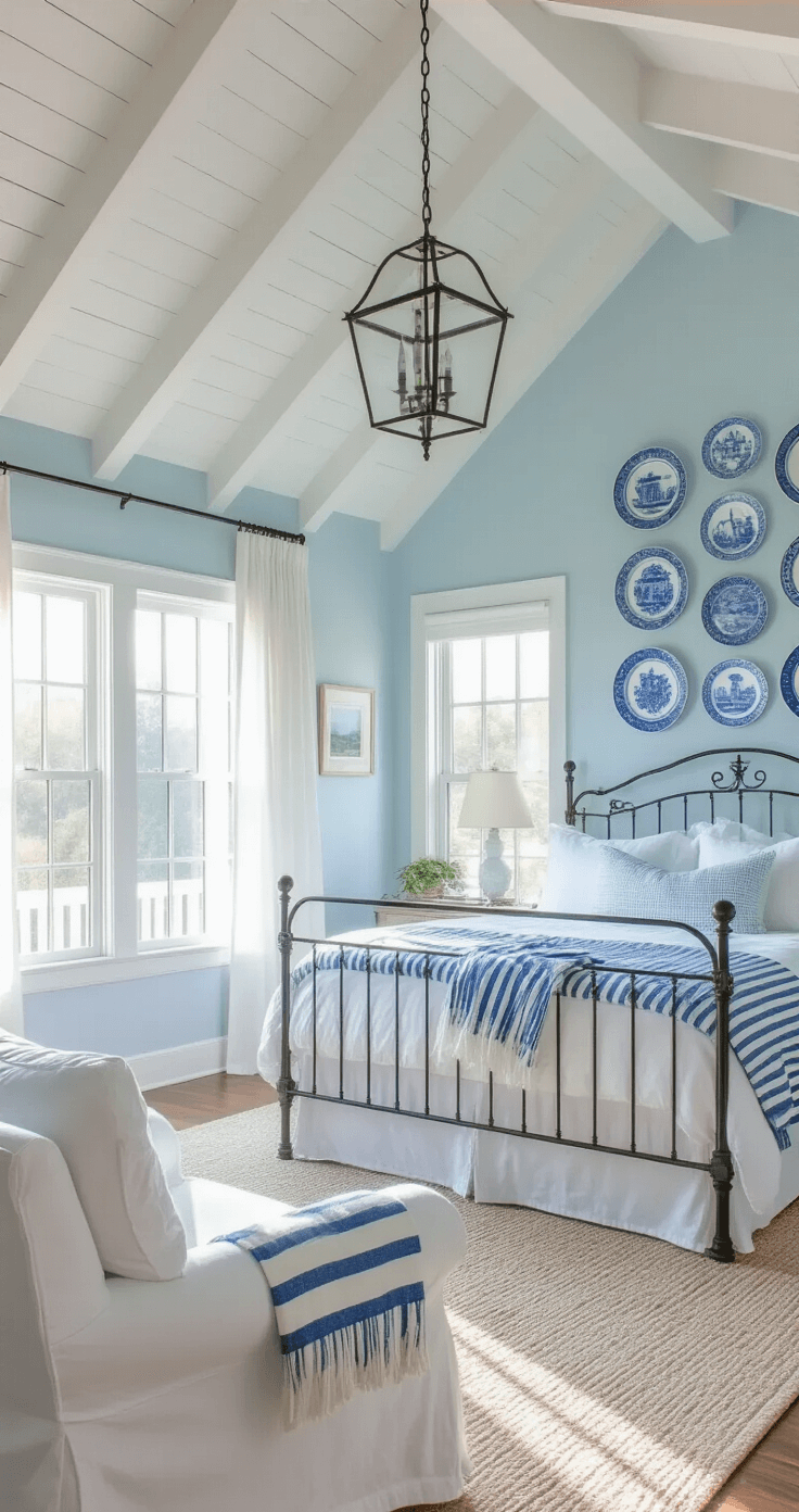 A cozy blue and white cottage bedroom with a wrought iron bed, all-white bedding, and a blue and white striped throw blanket, illuminated by afternoon sunlight, featuring a gallery wall of vintage plates and flowing white linen curtains.