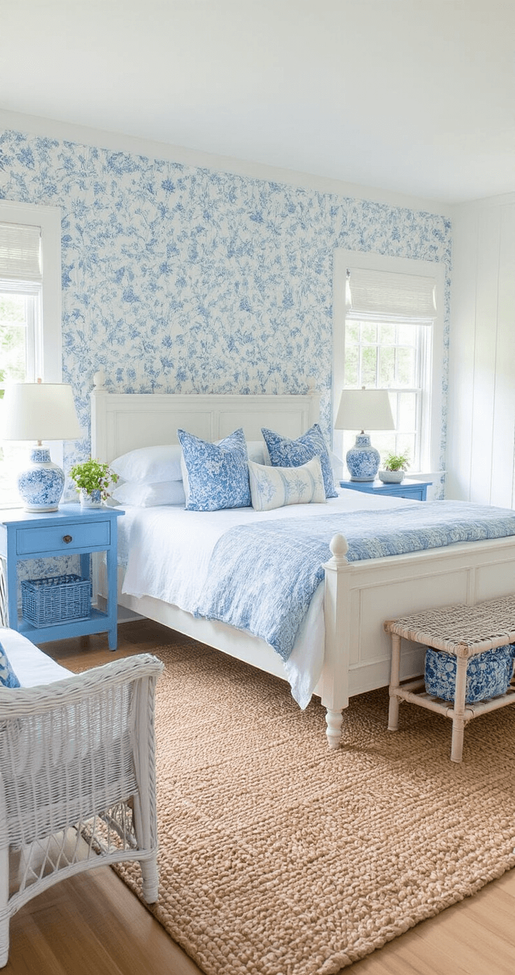 A sunlit bedroom in a blue and white cottage, featuring a king-size bed with pale blue linens, floral wallpaper, weathered blue nightstands, and a cozy reading nook with a wicker chair, all captured from a bird's-eye view.