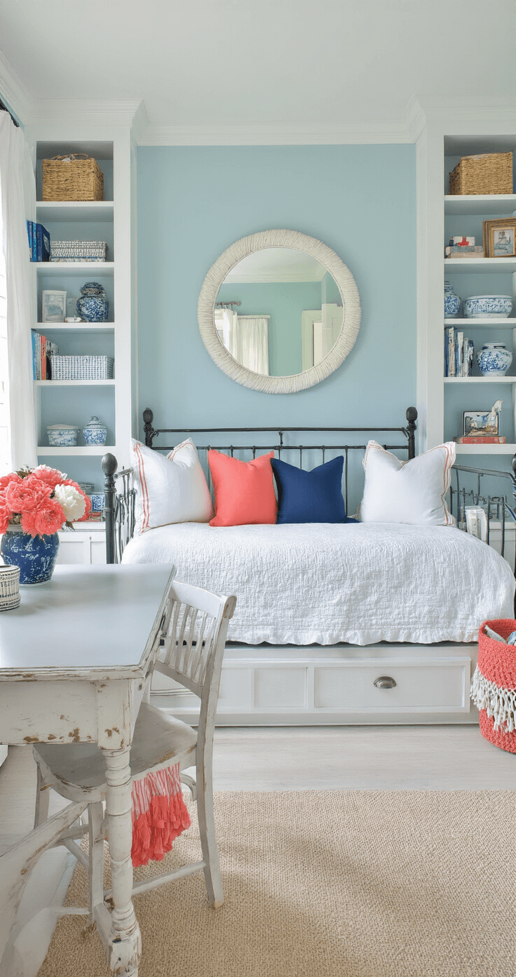 A bright and cheerful blue and white cottage bedroom featuring a wrought iron daybed with coral and navy accents, a round mirror, and a distressed white vanity, all bathed in natural light from open windows.