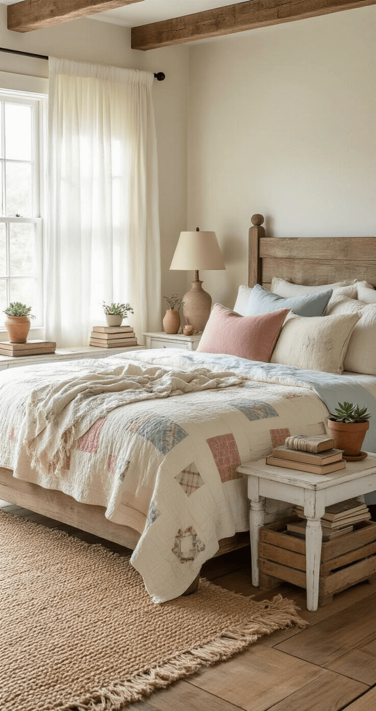A sunlit rustic cottage bedroom featuring a wooden bed with a cream quilt, soft blue and dusty rose pillows, mismatched nightstands, vintage books, and potted succulents, all on warm oak floorboards with a jute rug, creating a cozy and inviting atmosphere.