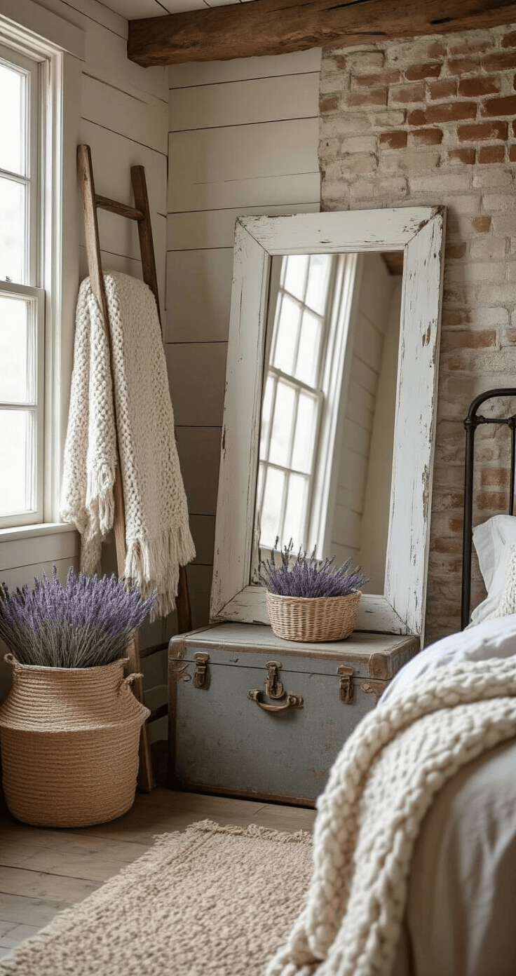An intimate corner of a rustic cottage bedroom with a distressed white wooden mirror reflecting warm afternoon light, a vintage ladder draped with chunky knit throws, a weathered trunk at the foot of an iron bed, and a woven basket overflowing with dried lavender, set against shiplap and exposed brick walls.