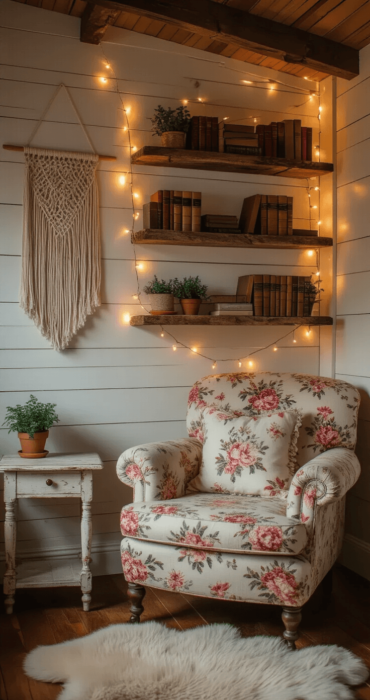 A cozy reading nook in a rustic cottage bedroom, featuring a plush floral armchair, a distressed side table, floating shelves with vintage books and potted plants, a macramé wall hanging, and a soft sheepskin rug, all illuminated by the warm glow of string lights at dusk.