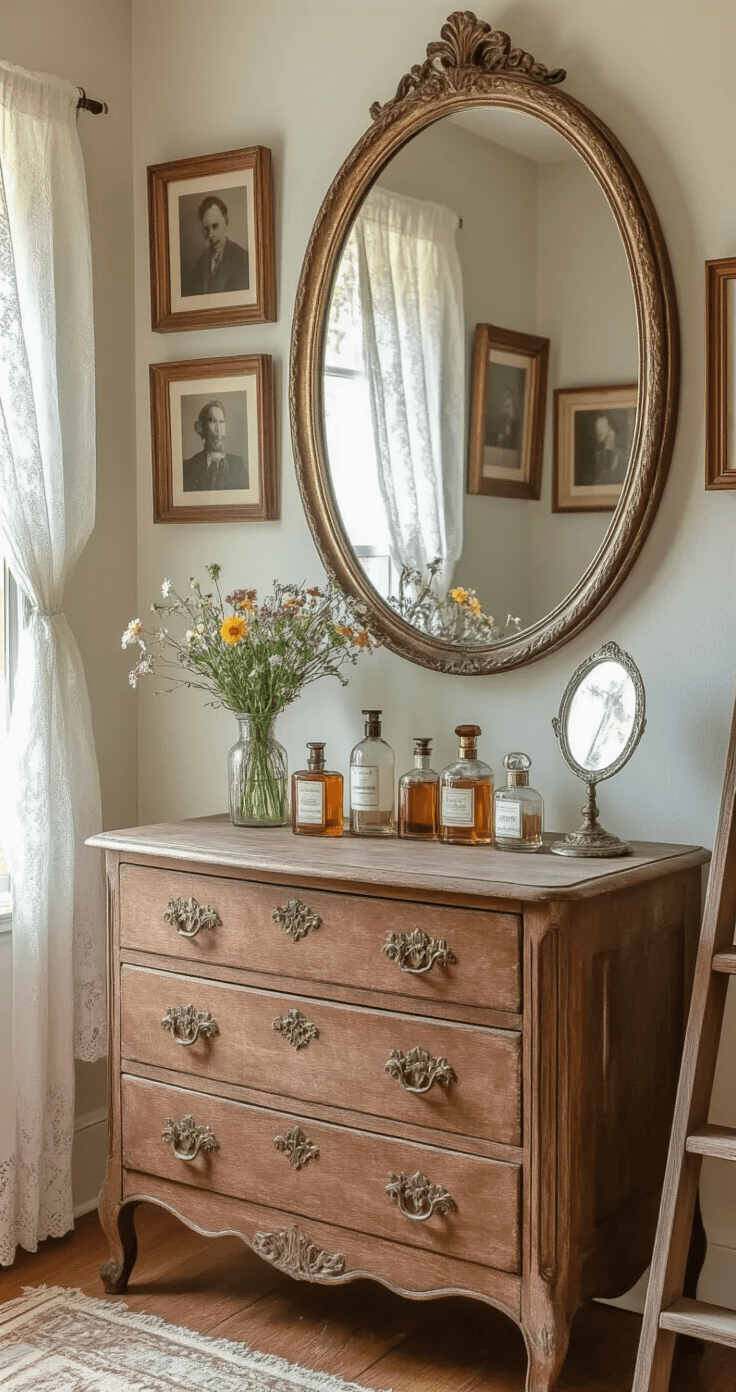 A close-up view of a rustic cottage bedroom vanity area, featuring an antique dresser with ornate brass handles, vintage perfume bottles, a tarnished silver hand mirror, and a round frameless mirror above, all illuminated by morning light filtering through lace curtains.