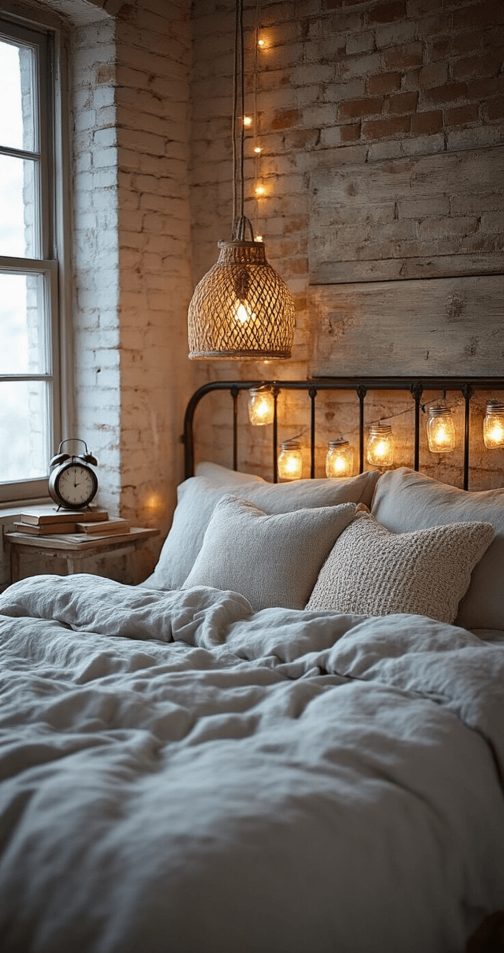 A cozy rustic cottage bedroom at twilight, featuring a glowing collection of mason jar fairy lights, an iron bed frame draped with a soft gray duvet, mismatched textured pillows, a distressed wooden headboard, a vintage alarm clock on the nightstand alongside well-worn books, and a backdrop of exposed brick and white-washed wood walls, all illuminated by a low-hanging woven pendant light.
