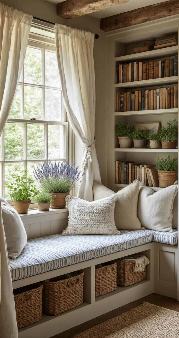 A cozy alcove in a rustic cottage bedroom featuring a window seat with a blue and white ticking stripe cushion, surrounded by built-in bookshelves filled with books, potted herbs, and vintage décor. The area is illuminated by dappled sunlight filtering through gauzy white curtains, casting soft shadows, with woven baskets below and a small lavender plant on the windowsill.