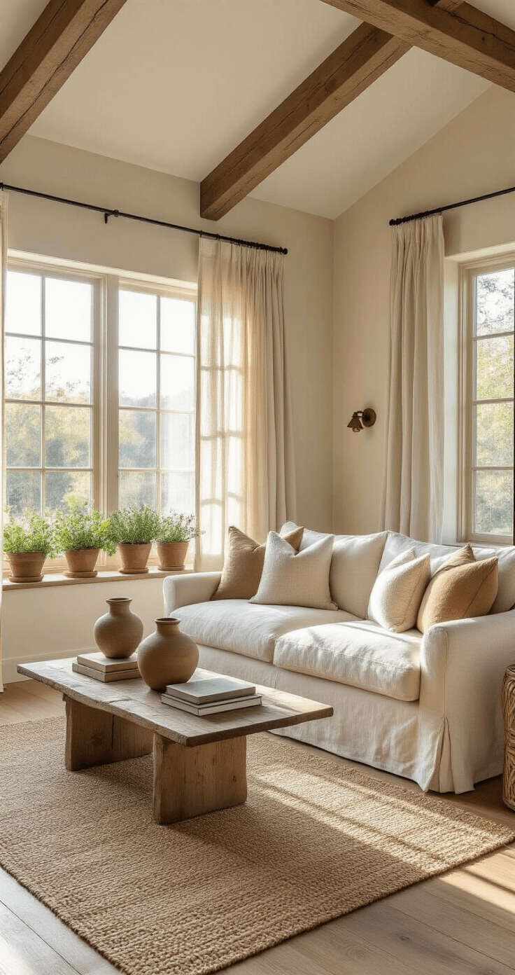 A sunlit living room with vaulted ceilings, featuring a plush cream sofa, earthy throw pillows, weathered oak flooring, and a natural jute rug, accented by modern and antique furniture, potted herbs, and light filtering through sheer curtains.