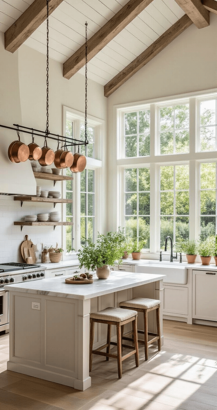 A bright minimalist farmhouse kitchen featuring soaring ceilings, a wall of windows overlooking a lush garden, sleek white cabinets, reclaimed barn wood shelving, a large farmhouse sink with matte black fixtures, a honed marble center island with natural linen bar stools, hanging copper pots, and fresh herbs in terracotta pots on the windowsill.