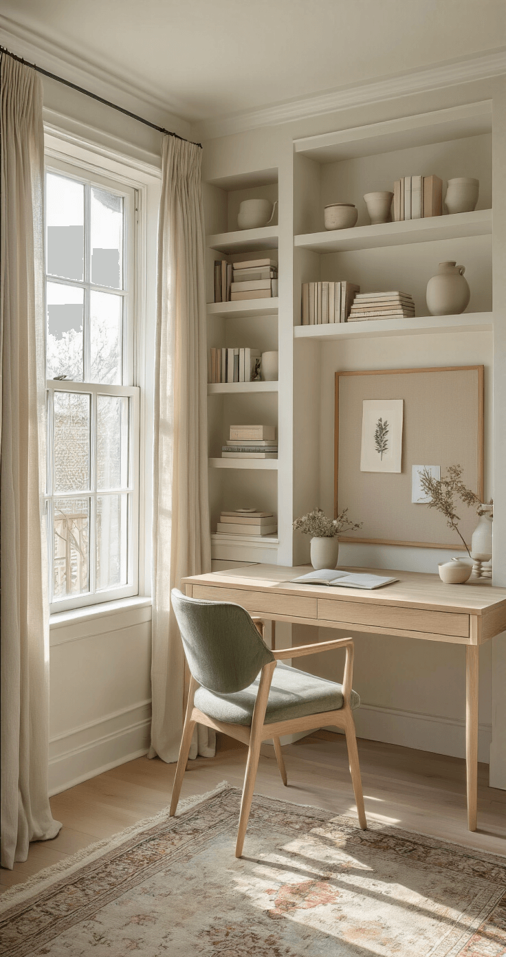 A tranquil home office in a dormer window, featuring a modern bleached oak desk, a mid-century pale green chair, built-in bookshelves with books and ceramics, a vintage Persian rug, and a linen pinboard with images and botanicals, all illuminated by soft morning light.
