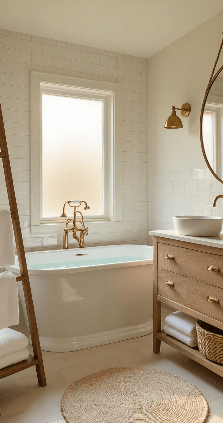 A luxurious minimalist bathroom featuring a freestanding clawfoot tub as the focal point, warm white zellige tiled walls, a floating weathered oak vanity with a matte white vessel sink, brass fixtures, plush white towels on a vintage ladder, and a round brass-framed mirror, all illuminated by golden evening light through a frosted window.
