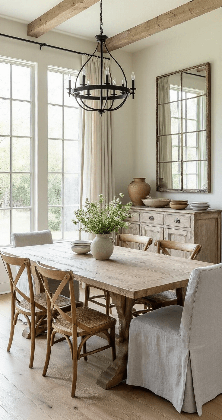 A warm, inviting dining area with a reclaimed oak farmhouse table surrounded by vintage wooden chairs and modern gray upholstered seating, bathed in late morning light from large windows. A blackened steel and glass chandelier hangs above, while a weathered wood sideboard displays artisanal pottery. An oversized distressed mirror reflects the light, and fresh wildflowers in a ceramic vase adorn the table, all captured in a wide-angle shot from one corner, connecting to the kitchen.
