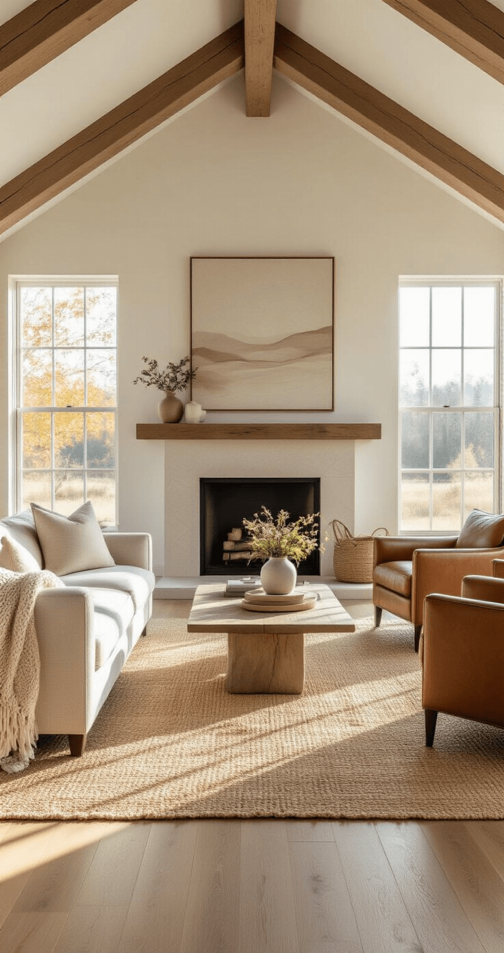 A sunlit living room with vaulted ceilings, exposed wooden beams, and a stone fireplace. The space features an oatmeal linen sofa, cognac leather armchairs, and a jute rug, complemented by white walls and honey-toned wood floors. Minimal decor includes an abstract painting and a ceramic vase with wildflowers, all bathed in warm late afternoon light.