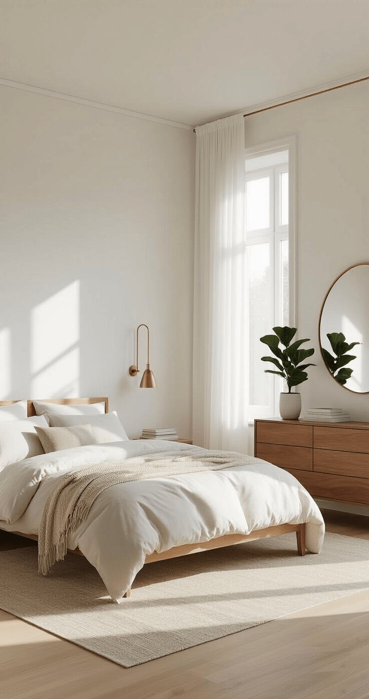 A serene bedroom with white walls and light oak flooring, featuring a king-size bed dressed in soft linen bedding, minimalist brass sconces, a walnut dresser with a mirror, and a fiddle leaf fig, all bathed in early morning light.