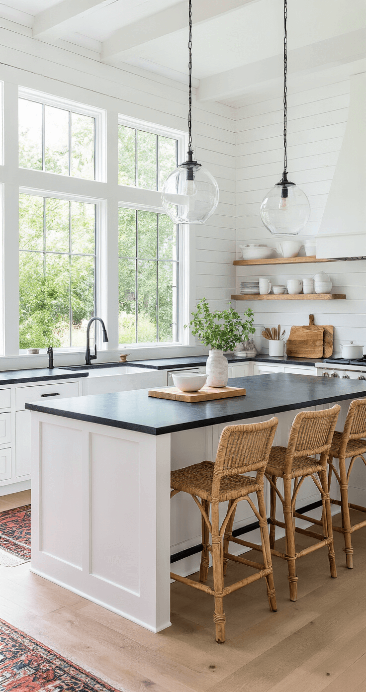 A modern farmhouse kitchen with white shaker cabinets, honed black granite countertops, and a large butcher block island surrounded by woven rattan barstools, featuring a wall of windows overlooking a lush garden, bright natural lighting, and decorative open shelving.