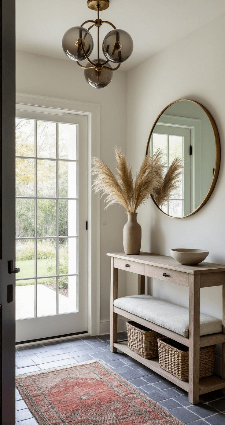 A bright and inviting entryway featuring natural light from a glass-paned front door, a herringbone-patterned slate floor, a weathered oak console table with a ceramic bowl and dried pampas grass, a large round mirror with a brass frame, a cushioned bench with storage baskets, a colorful vintage kilim runner, and a modern chandelier with smoked glass globes.