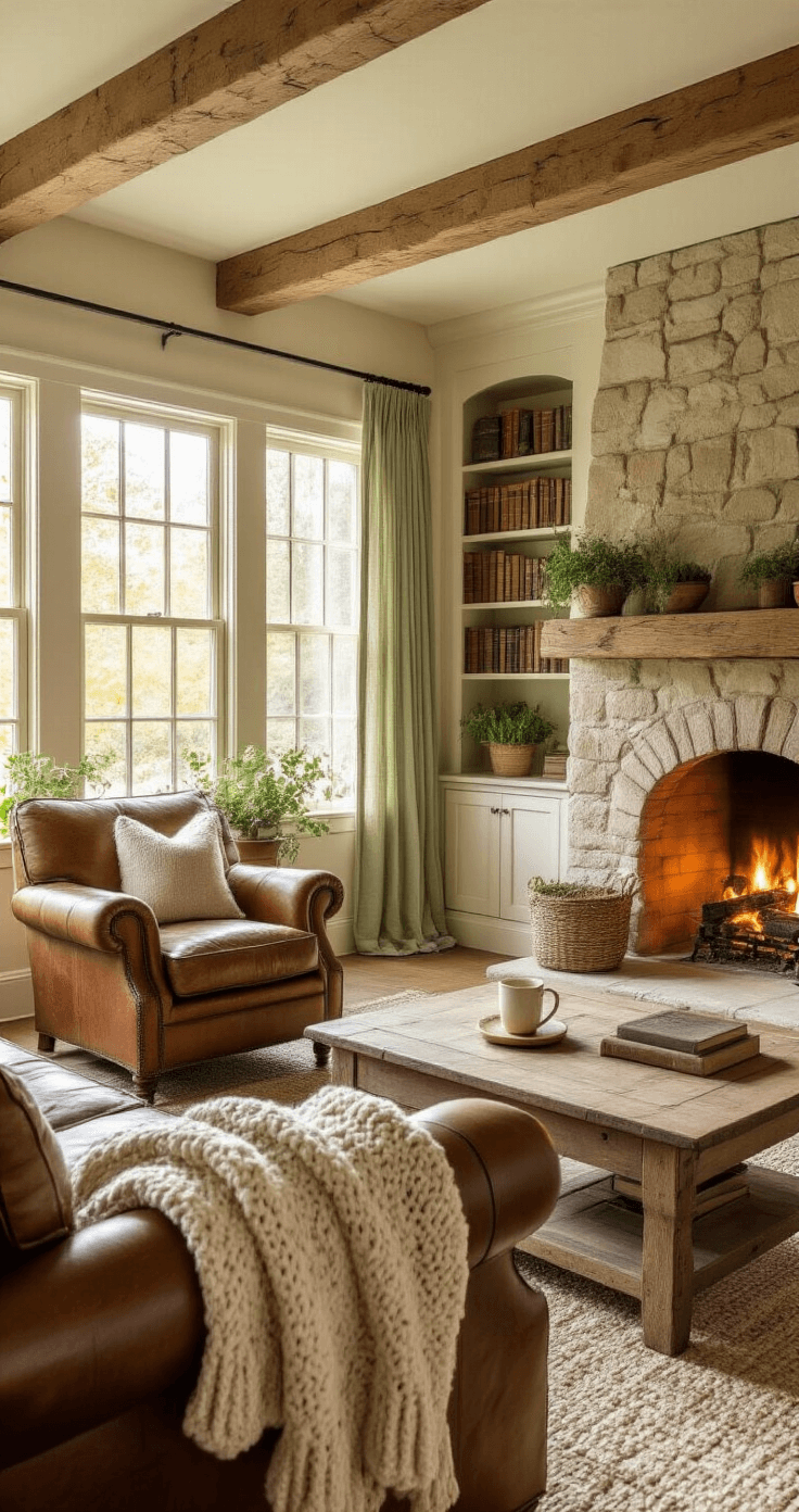 A cozy sunlit cottage living room featuring exposed oak beams, a central stone fireplace, a worn leather armchair draped with a cream knit throw, built-in bookshelves filled with vintage books and potted herbs, a distressed wood coffee table with a steaming mug of cocoa, and soft linen curtains in pale green, all illuminated by warm golden hour light.