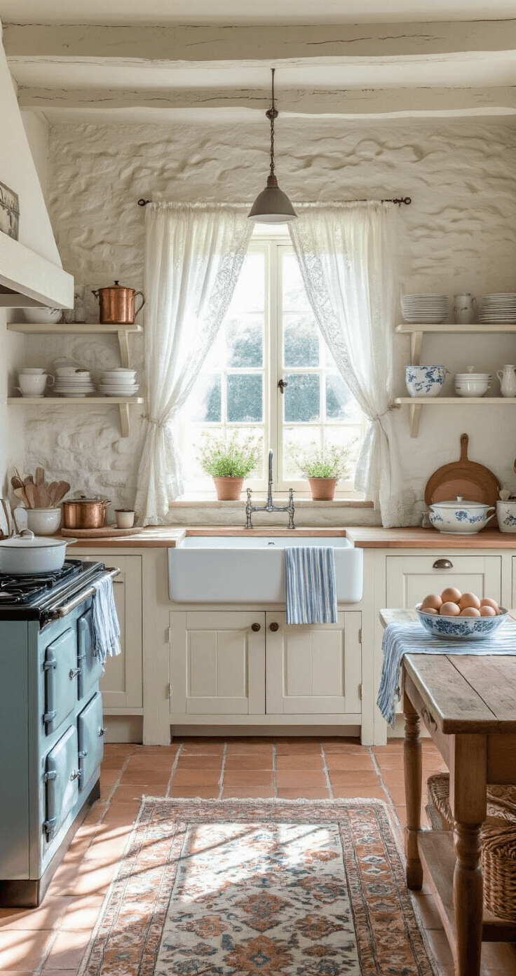 A cozy English cottage kitchen features whitewashed stone walls, low ceilings, and early morning light filtering through lace curtains. A weathered pine table topped with a blue and white striped runner holds a bowl of fresh eggs, while open shelving displays mismatched china and copper pots. A vintage duck egg blue AGA range complements the terracotta tiled floor, partially covered by a faded Persian rug, all bathed in creamy whites, soft blues, and warm wood tones.