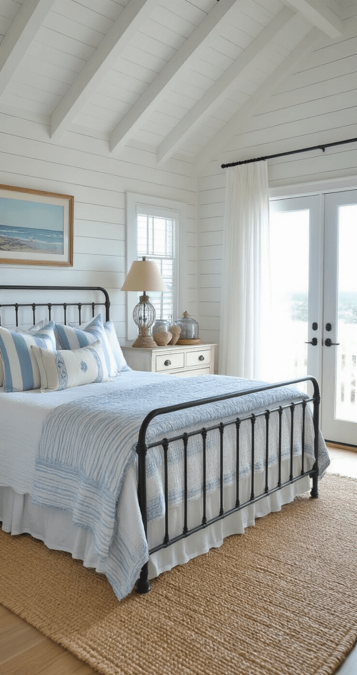 Coastal cottage bedroom with vaulted shiplap walls, featuring a wrought iron bed with a blue and white quilt, sheer curtains, and French doors opening to a balcony. Decorated with weathered nightstands, a distressed white dresser, and sisal rugs on pine floors, showcasing a fresh seaside atmosphere.