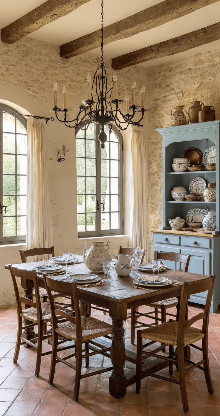A cozy French country cottage dining room with stone walls, terracotta tile floors, and soft evening light coming through arched windows. The dark oak farmhouse table is set for eight with a mix of china and crystal goblets, illuminated by a rustic chandelier. A blue-painted hutch displays antique cookware, and linen curtains with a toile pattern frame the windows, creating a warm, inviting atmosphere.