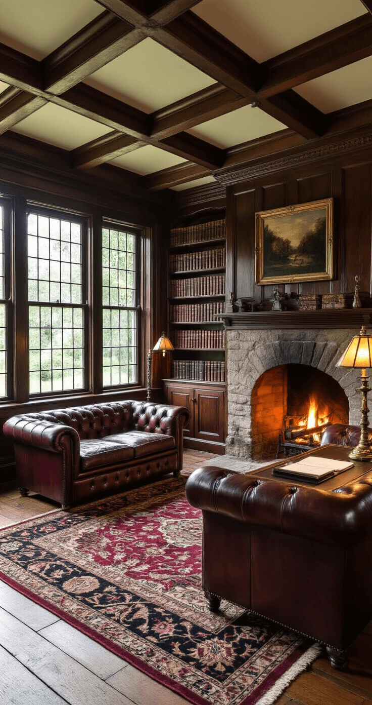 A cozy Tudor cottage study with dark oak paneling and a low beamed ceiling, featuring afternoon light streaming through leaded glass windows, illuminating dust motes. A leather Chesterfield sofa faces a stone fireplace with a crackling fire, while built-in bookshelves overflow with leather-bound books. An antique writing desk by the window holds a brass lamp and inkwell, set on a rich Oriental rug over wide plank flooring. The color palette includes deep burgundies, forest greens, and burnished golds, creating a warm, scholarly atmosphere.
