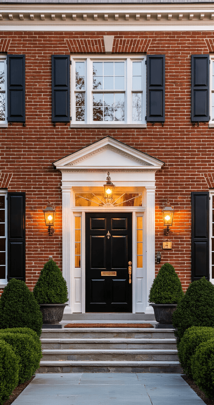 A symmetrical front view of a grand red brick Colonial home with a large black front door and brass hardware, framed by mature boxwoods and illuminated by copper lanterns at golden hour, casting warm shadows across the facade.