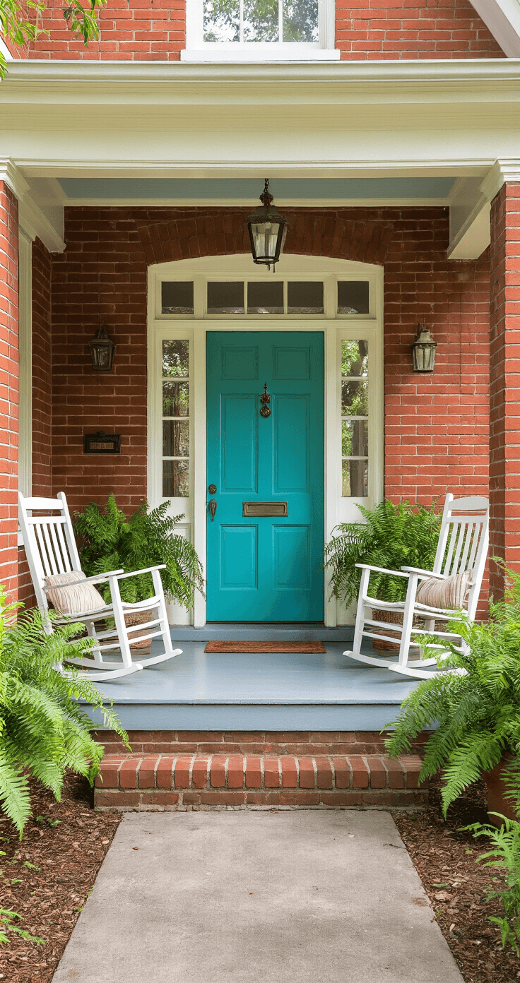 Angled view of a charming 1920s brick bungalow with a vibrant Galapagos Turquoise door, showcasing a deep front porch decorated with white rocking chairs and potted ferns, illuminated by morning light.